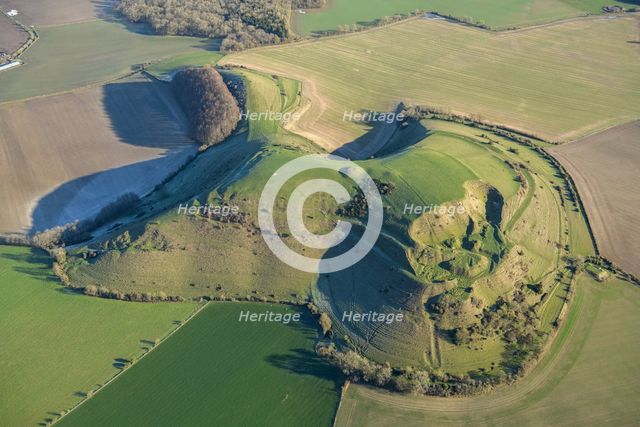 Cley Hill Camp, a univallate hillfort earthwork near Warminster, Wiltshire, 2023. Creator: Damian Grady.