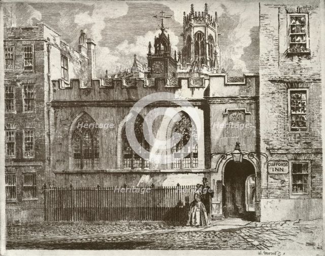 'Clifford's Inn Hall and Clock Turret, with the Lantern Tower of St. Clement Danes Beyond', 1934. Creator: William Monk.