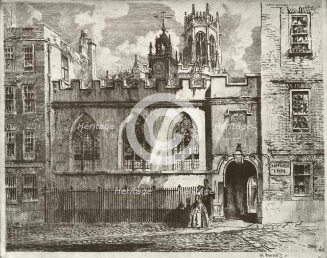 'Clifford's Inn Hall and Clock Turret, with the Lantern Tower of St. Clement Danes Beyond', 1934. Creator: William Monk.