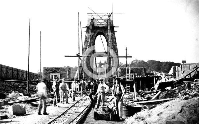 Clifton Suspension Bridge under construction, Bristol, 1864. Artist: Unknown