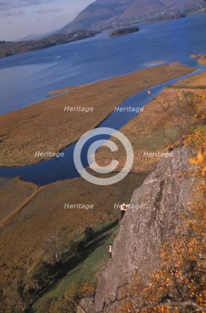 Climbers on Shepherds Crag, Derwentwater, Borrowdale, Lake District, Cumberland, 20th century. Artist: CM Dixon.