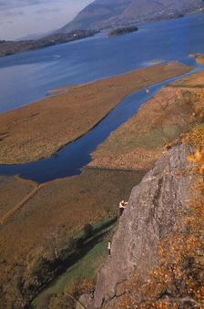 Climbers on Shepherds Crag, Derwentwater, Borrowdale, Lake District, Cumberland, 20th century. Artist: CM Dixon