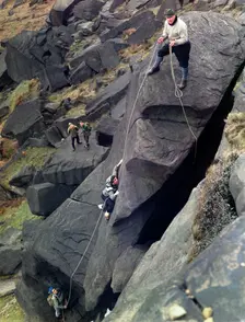 Climbers on Stanage Edge, Hathersage, Derbyshire, 1964. Creator: Michael Walters