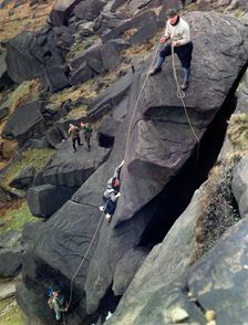 Climbers on Stanage Edge, Hathersage, Derbyshire, 1964. Creator: Michael Walters