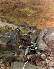 Climbers on Stanage Edge, Hathersage, Derbyshire, 1964. Creator: Michael Walters
