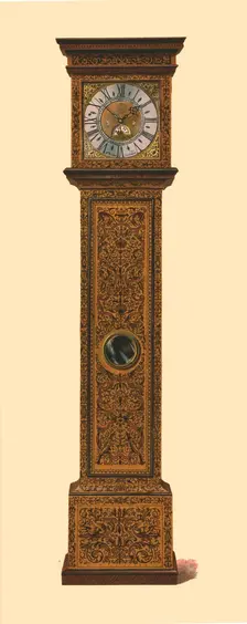 Clock inlaid with dark marquetry, 1905. Artist: Shirley Slocombe
