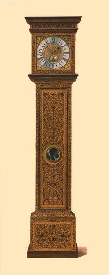 Clock inlaid with dark marquetry, 1905. Artist: Shirley Slocombe