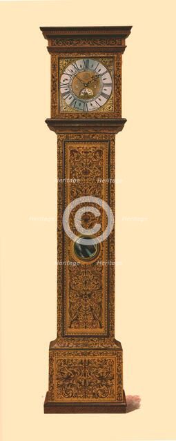 Clock inlaid with dark marquetry, 1905. Artist: Shirley Slocombe.