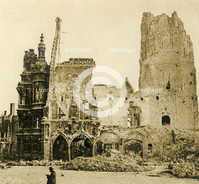 Clock Tower and Hôtel de Ville, Arras, northern France, c1914-c1918. Artist: Unknown.