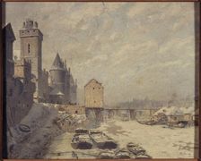 Clock tower, the Conciergerie and Pont au Change, in 1621, 1887. Creator: Theodor Josef Hubert Hoffbauer