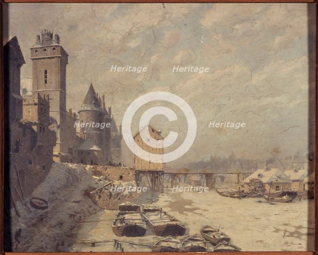Clock tower, the Conciergerie and Pont au Change, in 1621, 1887. Creator: Theodor Josef Hubert Hoffbauer.