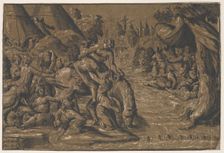 Cloelia the Roman hero in the centre being helped onto a horse, Rome in the background,..., 1540-50. Creators: Niccolo Vicentino, Maturino da Firenze