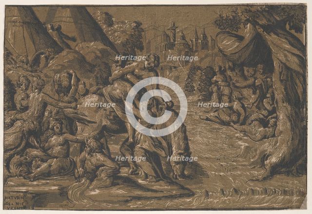 Cloelia the Roman hero in the centre being helped onto a horse, Rome in the background,..., 1540-50. Creators: Niccolo Vicentino, Maturino da Firenze.
