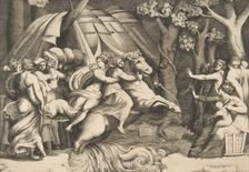 Cloelia on horseback crossing the Tiber, ca. 1540-60. Creator: Giulio Bonasone
