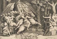 Cloelia on horseback crossing the Tiber, ca. 1540-60. Creator: Giulio Bonasone