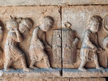 Cloister of the Cathedral of Girona, decoration of a frieze in an impost representing the wine ha…