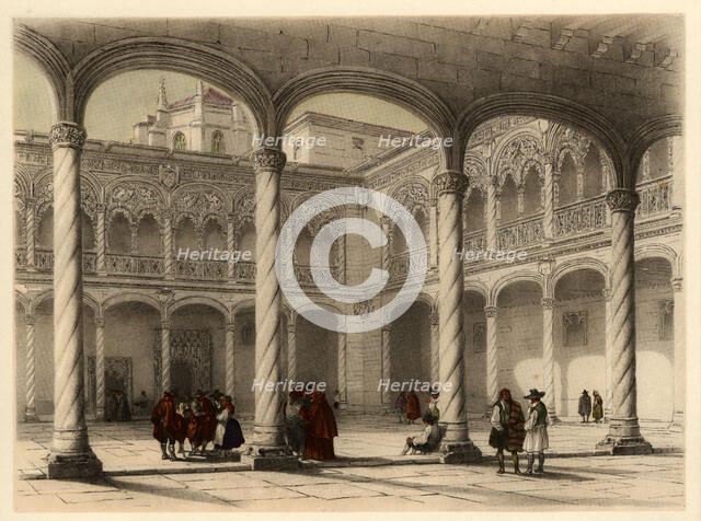 Cloister of the church of San Gregorio in Valladolid, with scene of life and traditional costumes…