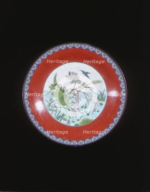 Cloisonne plate with herons, Qing dynasty, China, 19th century. Creator: Unknown.
