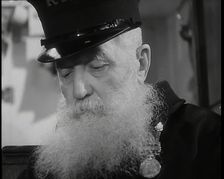 Close up on Male British Chelsea Pensioner with a Long White Beard, 1939. Creator: British Pathe Ltd
