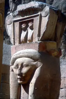 Close-up of Hathor headed capitals, Temple of Hatshepsut, Luxor, Egypt, c15th centuryBC