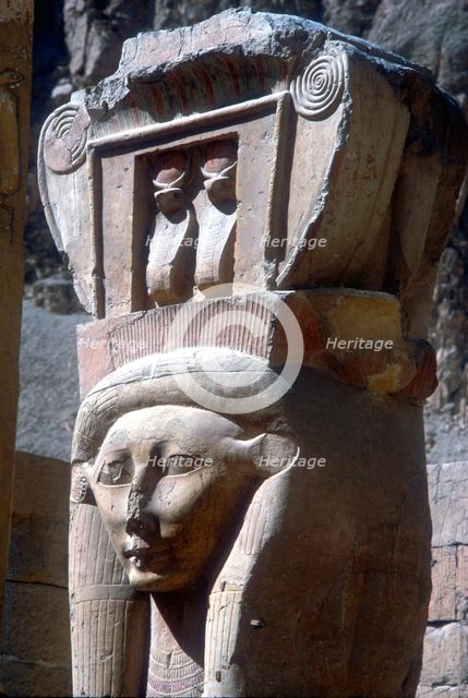 Close-up of Hathor headed capitals, Temple of Hatshepsut, Luxor, Egypt, c15th centuryBC. Artist: Unknown