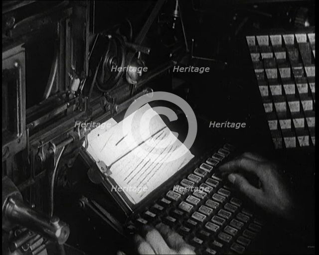 Close View of the Operation of a Newspaper Typesetting Machine, 1921. Creator: British Pathe Ltd.