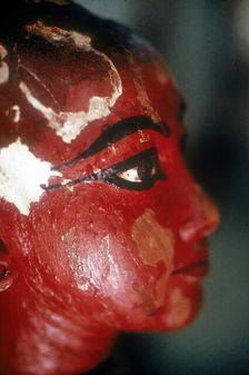 Closeup of head of Tutankhamun as a child emerging from a lotus flower