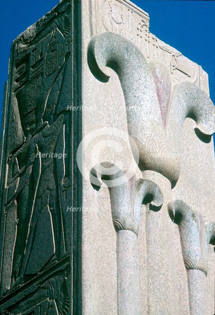 Closeup of stylised lotus plants on a column, Temple of Amun, Karnak, Egypt. Artist: Unknown