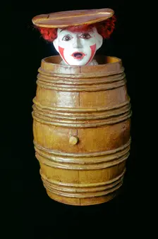 Clown in a barrel, Museum of Childhood, Edinburgh, Scotland. Creator: Tony Evans