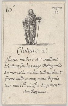 Clotaire 2.-e / Juste, moderé..., from Game of the Kings of France (Jeu des Rois de Fran..., 1644. Creator: Stefano della Bella