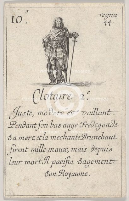 Clotaire 2.-e / Juste, moderé..., from 'Game of the Kings of France' (Jeu des Rois de Fran..., 1644. Creator: Stefano della Bella.