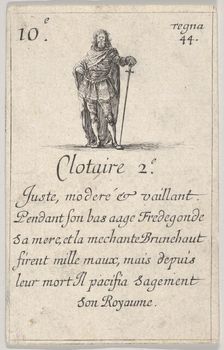 Clotaire 2.-e / Juste, moderé..., from Game of the Kings of France (Jeu des Rois de Fran..., 1644. Creator: Stefano della Bella
