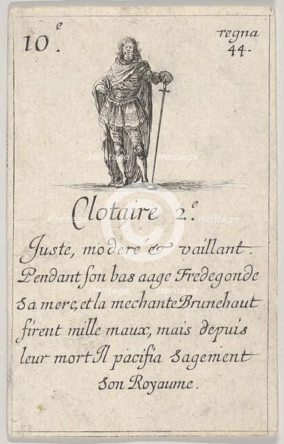 Clotaire 2.-e / Juste, moderé..., from 'Game of the Kings of France' (Jeu des Rois de Fran..., 1644. Creator: Stefano della Bella.