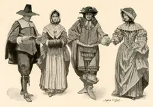 Clothing during the time of 1620-1670 1903, (1937). Creator: Sophie B Steel