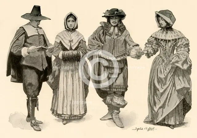 'Clothing during the time of 1620-1670', 1903, (1937). Creator: Sophie B Steel.