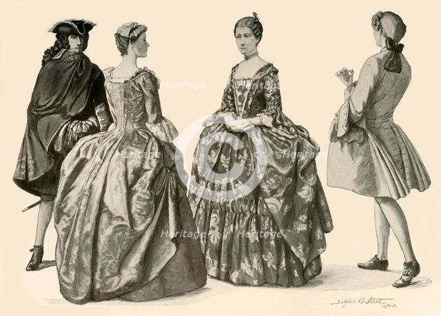 'Clothing during the Reigns of Queen Anne and George I, 1702-1725', 1903, (1937). Creator: Sophie B Steel.