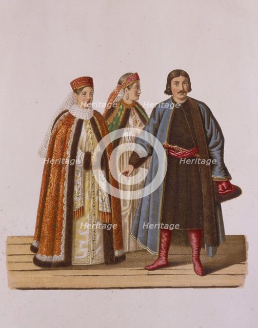 Clothing of the unmarried Boyar's daughters at the Time of Peter I (From the series Clothing of the  Artist: Solntsev, Fyodor Grigoryevich (1801-1892)
