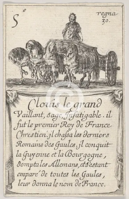 Clovis le grand / Vaillant, sage..., from 'Game of the Kings of France' (Jeu des Rois de F..., 1644. Creator: Stefano della Bella.