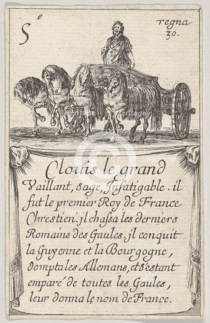 Clovis le grand / Vaillant, sage..., from 'Game of the Kings of France' (Jeu des Rois de F..., 1644. Creator: Stefano della Bella.