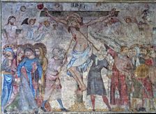 Crucifixion detail of mural Painting as a tapestry whose theme is Passion of Christ 1330 w…
