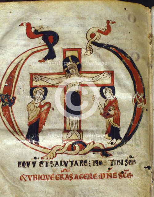 Crucifixion. Miniature in the 'Missale parvum', manuscript on parchment, c. 1075 - 1100.