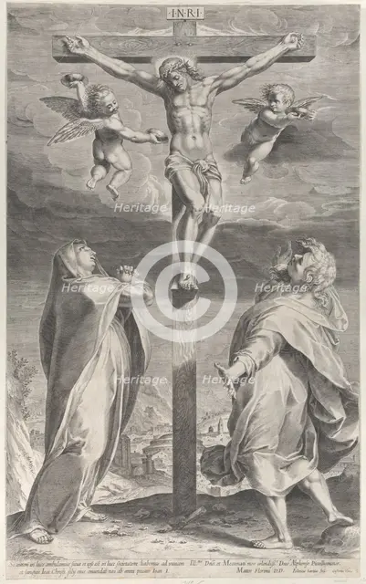 Crucifixion with the Virgin Mary and Saint John the Evangelist, angels overhead, ca. 1593., ca. 1593 Creator: Gijsbert Van Veen.
