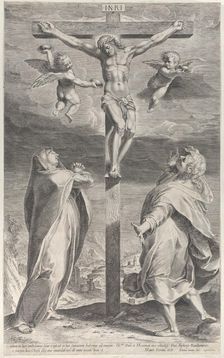 Crucifixion with the Virgin Mary and Saint John the Evangelist, angels overhead, ca. 1593., ca. 1593 Creator: Gijsbert Van Veen