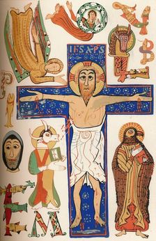 Crucifixion with decorated letters, c790 AD, (1849). Creator: Walter