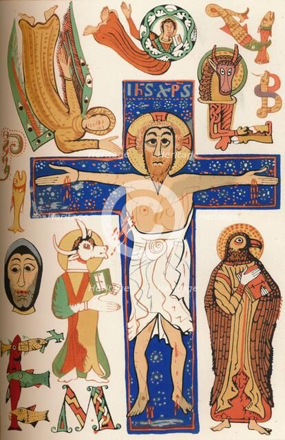Crucifixion with decorated letters, c790 AD, (1849). Creator: Walter.