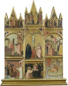 Crucifixion, Virgin and Child, Deacon and Scenes from the Legends of Saints Matthew...c1345-1350. Creator: Workshop of Pietro Lorenzetti