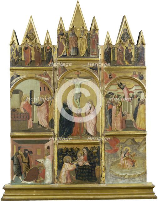 Crucifixion, Virgin and Child, Deacon and Scenes from the Legends of Saints Matthew...c1345-1350. Creator: Workshop of Pietro Lorenzetti.