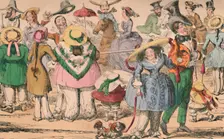 Cruikshank's Exhibition of Bloomers in Hyde Park, 1852 c1870. Artist: George Cruikshank