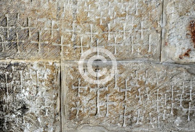 Crusader graffiti on the walls of the stairs leading to the Chapel of Saint Helena. Creator: Unknown.