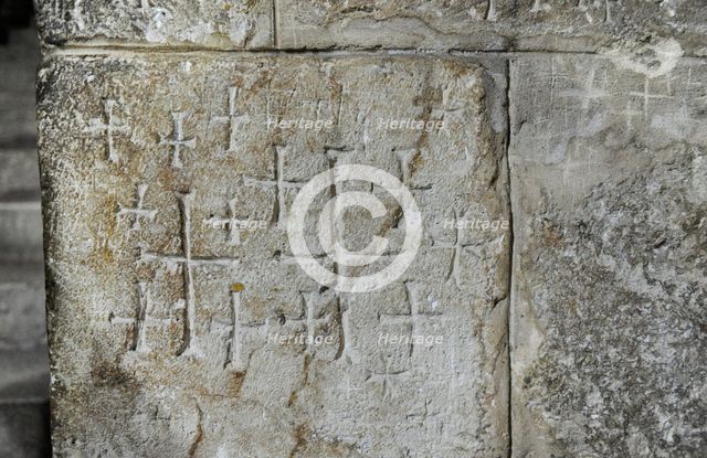 Crusader graffiti on the walls of the stairs leading to the Chapel of Saint Helena. Creator: Unknown.